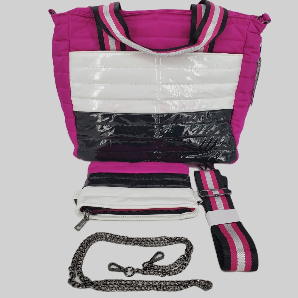 Think Royln Puffer Tote Bag with Matching Pouch and Crossbody Strap Hot Pink